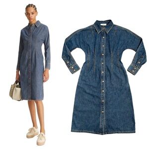 Tory Burch Denim Shirt Dress Snap Front Long Sleeve Size 4 Medium Wash